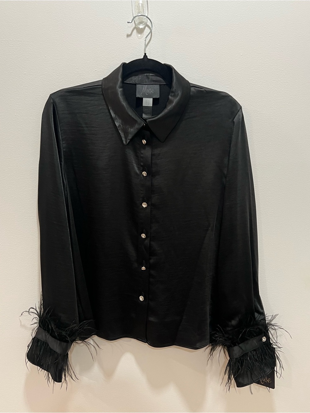Black Faux Satin Button-Up Blouse with Feather Cuffs